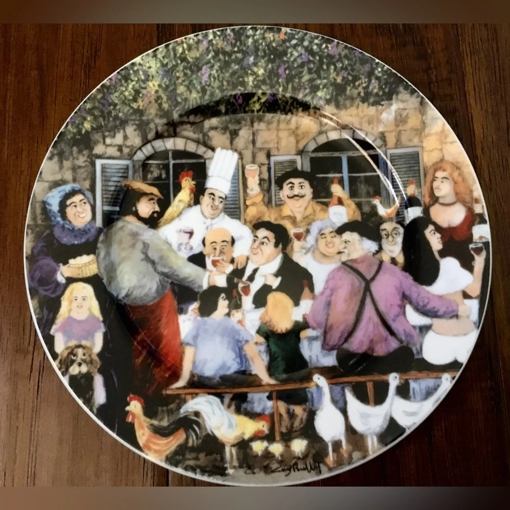 Vintage Guy Buffet Bistro Scene Ceramic Salad Plates - Set of 3 Santa Barbara